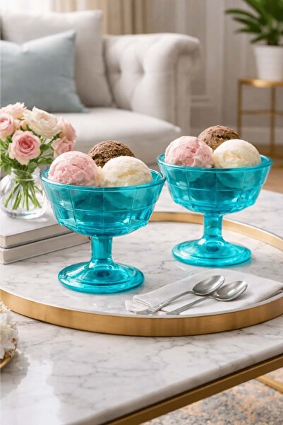 Jenisa وعاء حلوى زجاجي بنقشة الداما باللون الفيروزي مع قاعدة - طقم من قطعتين ...