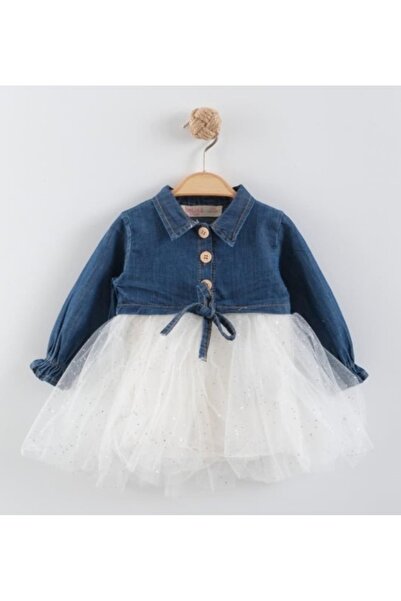 Necix's Star Denim Cream Girls' Denim Tulle Detailed Dress