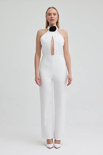 Lijuri Deep v-neck jumpsuit with rose detail and halter neckline 1379 r3-d-k2