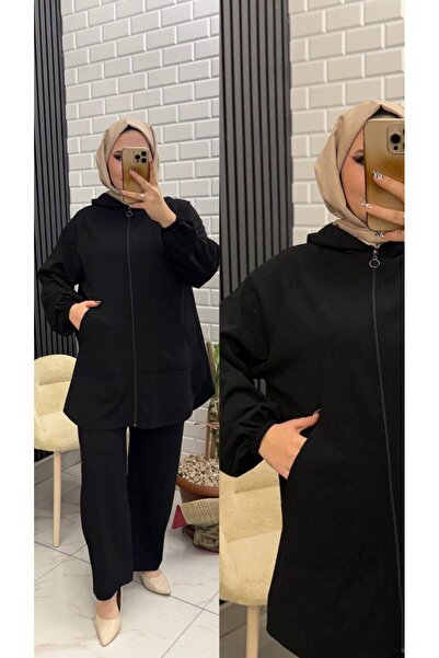 İLGEN TEKSTİL Hooded Zippered Pants with Elastic Waist Set