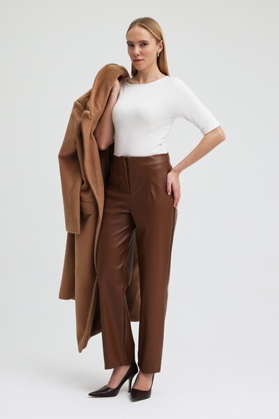 Lijuri Pile Detailed High Waist Leather Pants 0103 R4-F-K1