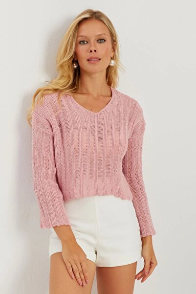 Be Best Women's Pink V-Neck Lace-Like Knit Knitwear Blouse Be304