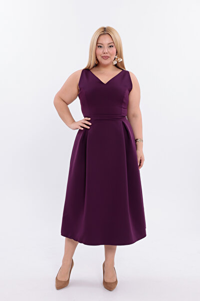 IŞILTI Special Design Stretch Fabric Crepe Fabric V-Neck Pleat Detail Sleeveless Midi Length Plus Size Evening Dress 3144
