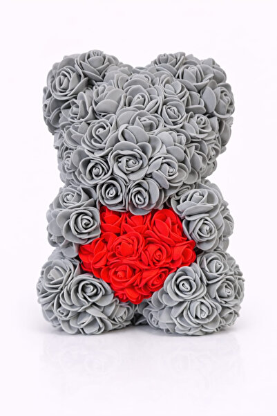 OEM Decorative teddy bear made of gray foam roses with a red heart in a transparent box