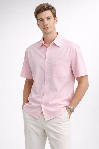 Polo State Men's Cotton Light Pink Short Sleeve Regular Fit Shirt