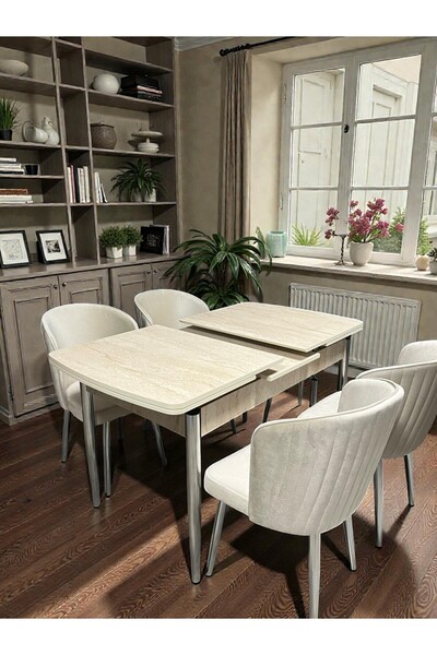 MSY HOME 4 Kişilik Selin Serisi Krom Kelebek Traverten Kelebek Yemek Masası T...