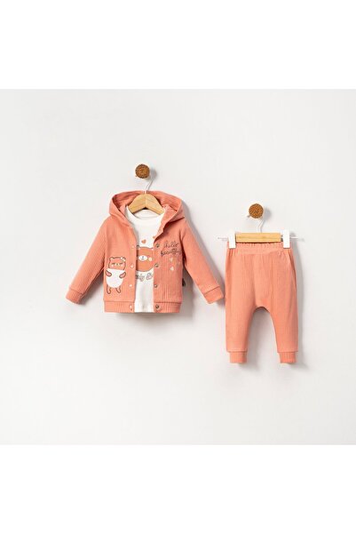 KİDSERİA Bear Printed Baby Girl 3-Piece Set / Salmon