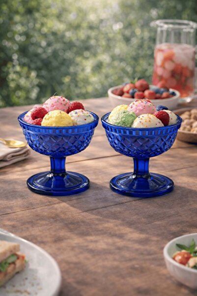 Jenisa Set of 2 Footed Cobalt Blue Diamond Patterned Glass Dessert Bowls - Ic...