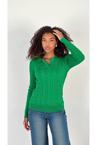 Miss Poem Women's Polo Neck Knitted Green Sweater