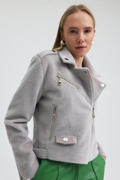 Lijuri Zip detailed short premium textured jacket 7100 r7-g-k3