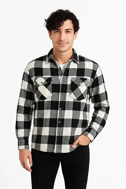 BLACK MODBLACK Men's Woodcutter Shirt – Long Sleeve, Fleece-Lined Fabric, Checked Pattern, Regular Fit, with Cuffs, Chic