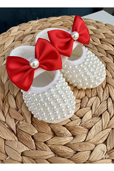 Petite Ponpon Baby Baby Girl Bow Detail Shiny Pearls 0-4 Months 10cm Gift Booties Luxury Velcro Fastener