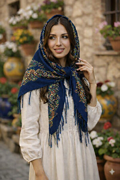ASKA Mardin Regional Hamavi Tassel Shawl in Navy Blue Color