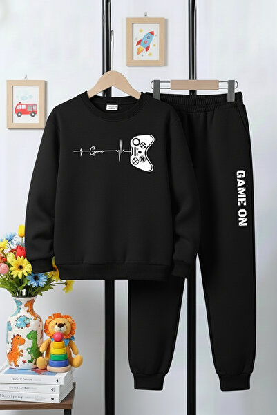 FYK COLLECTİON 3 Thread Round Neck Thick Winter Sh Fleece-Lined Game Pulse Print Detailed Boys' Tracksuit Set