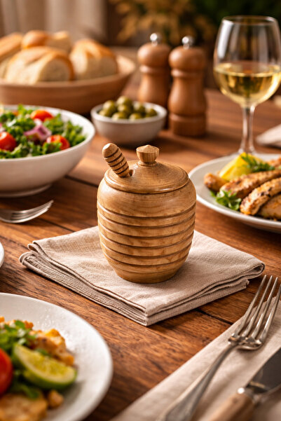 seymenbıçakçılık Wooden Honey Jar – Natural Design with Lid and Spoon – Tableware and Breakfast Honey Container
