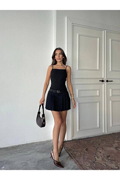 hillone Atlas Fabric Back Detail Super Mini Belt Dress Black