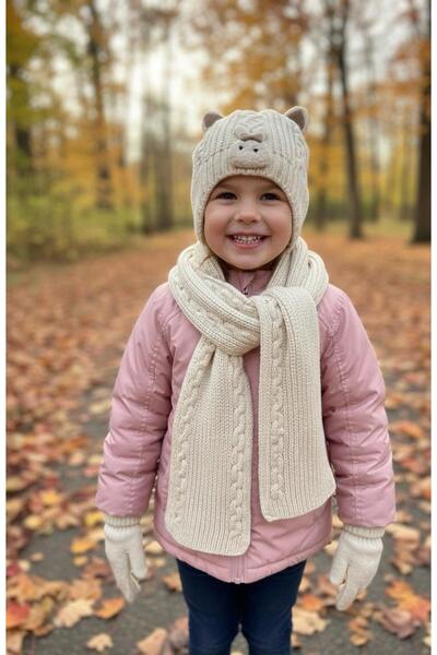 mayakids Rabbit Detail Knitted Girl's Scarf, Beanie and Gloves Set