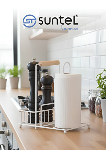 Suntel White Metal Wooden Handle Countertop Paper Towel Holder and Spice Rack Stand
