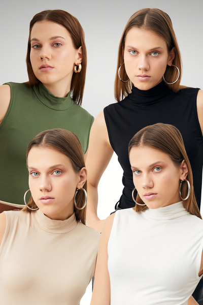 Ladima Women's Black White Cream Khaki 4-Piece Sleeveless Bodysuit