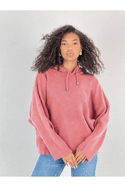 Miss Poem Women's Bat Sleeve Hooded Pink Sweater