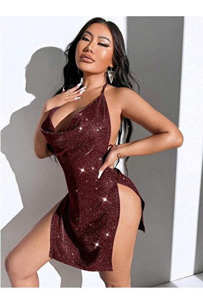 EFİL EFİL Kadın Bordo Simli Yırtmaçlı Mini Seksi Gecelik