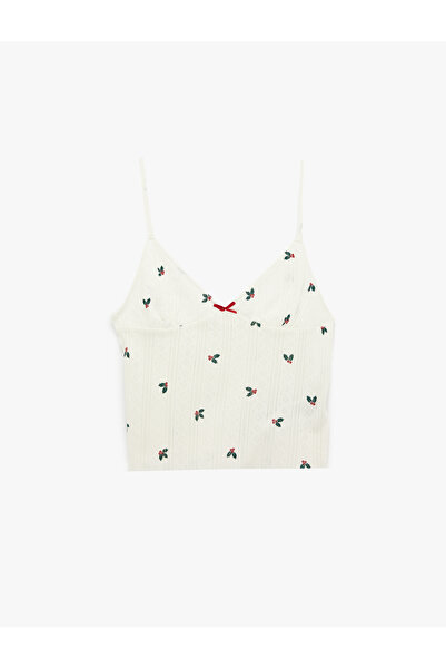 Koton Top de pijama din bumbac cu decolteu în V, cu model de flori de Crăciun