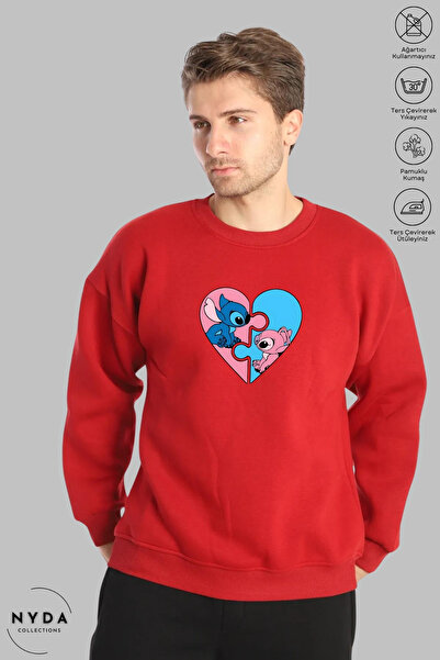 Nyda Collections Unisex Long Sleeve Stitch and Angel Printed Crew Neck Hoodless Fleece-Lined Oversized Sweatshirt