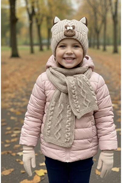 mayakids Rabbit Detail Knitted Girl's Scarf, Beanie and Gloves Set
