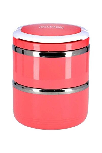DELCASA علبة غداء ديلكاستا ذات طبقتين، لون وردي/أبيض/فضي، سعة 1.1 لتر