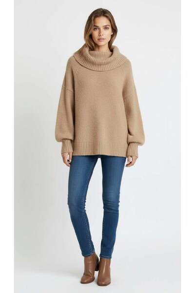 Miss Poem Women's Madonna Collar Beige Knitwear Sweater