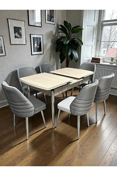 MSY HOME 6 Kişilik Göz Serisi Krom Kelebek Traverten Kelebek Yemek Masası Takımı