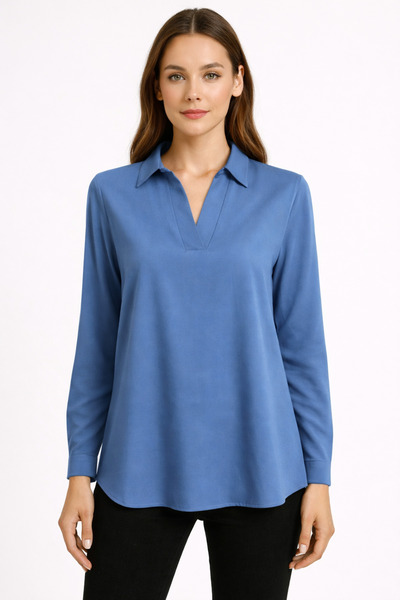 Nuevo İndigo Mavi Viskon V Yaka Rahat Kesim Uzun Kollu Kadın Gömlek Bluz -