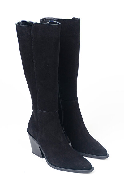 RABU Black Suede Women's Thick Heeled Zippered Cowboy Boots-Western