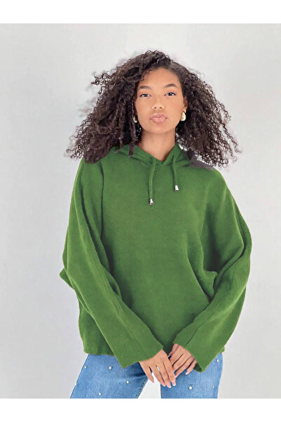 Miss Poem Women's Batwing Sleeve Hooded Green Sweater