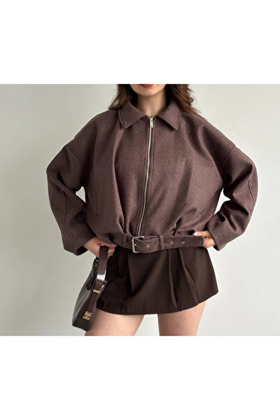 cemo Kemerli Fermuarlı Kaşe Bomber Ceket