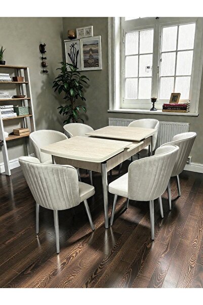 MSY HOME 6 Kişilik Selin Serisi Krom Kelebek Traverten Kelebek Yemek Masası T...