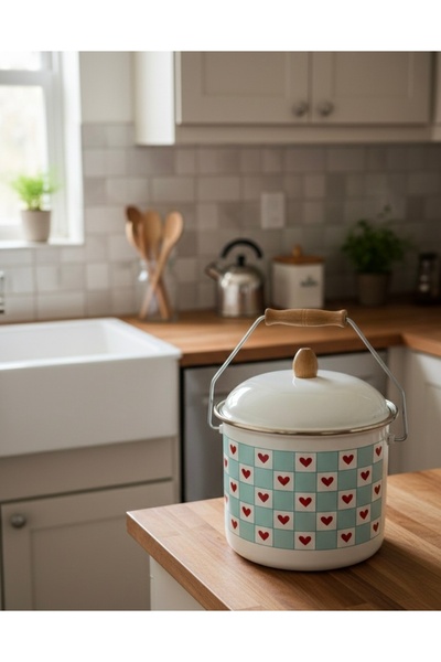 EmayeBurada Heart Patterned Enamel Bakraç 5 Lt Yogurt Pot Legume Storage Pot (20 cm 5 Lt)