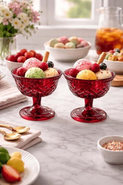 Jenisa وعاء حلوى زجاجي أحمر بنقشة البقلاوة مع قاعدة - طقم من قطعتين - للآيس ك...