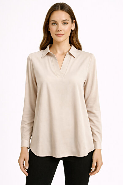 Nuevo Cream Viscose V-Neck Relaxed Fit Long Sleeve Women's Shirt Blouse -