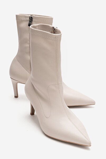 LuviShoes Rossano Beige Stretch Women's Thin Heeled Boots