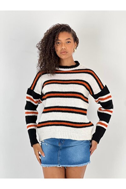 Miss Poem Women's Crew Neck Orange Striped Sweater