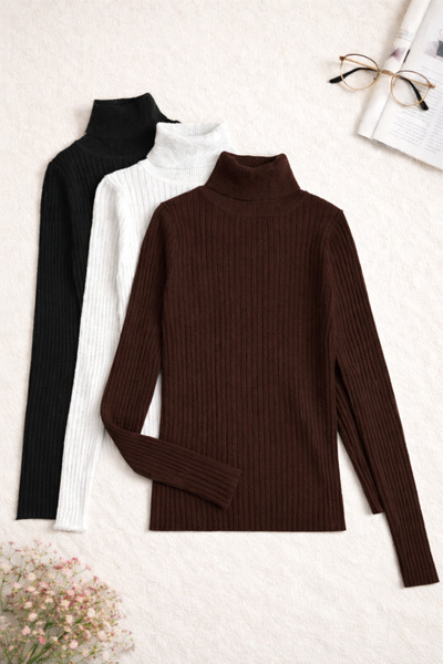 ÖZ PAMUK 3 BUC Pulover tricotat cu guler complet, de sezon