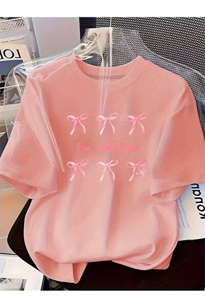 oneagılyazı Comfortable Ribbon Printed T-Shirt for Women - Soft, , Round Neck Top, Pink Ribbon