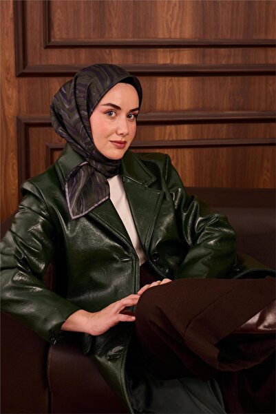 Silk Home Eșarfă din mătase twill verde gri cu model geometric Tok Postural 9...