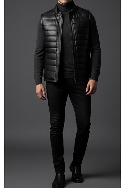 SAVARA Men's Slimfit Leather Vest Genuine Lambskin with Padding Inside Mock Neck