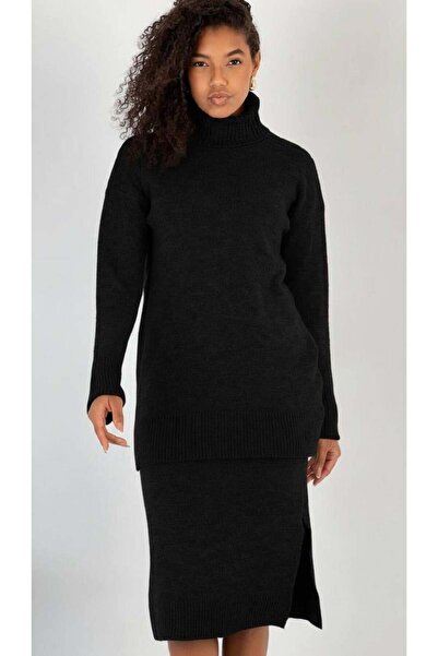 Miss Poem Women's Black Corded Fabric Long Sleeve Sweater Slit Skirt Set