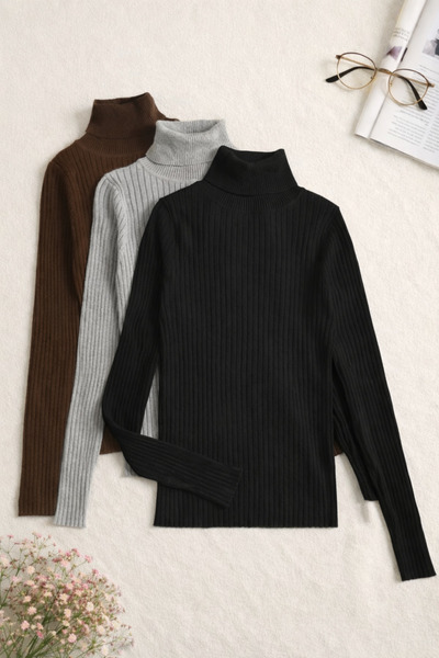 ÖZ PAMUK 3Pcs Full Turtleneck Knitted Ribbed Knit Transitional Sweater