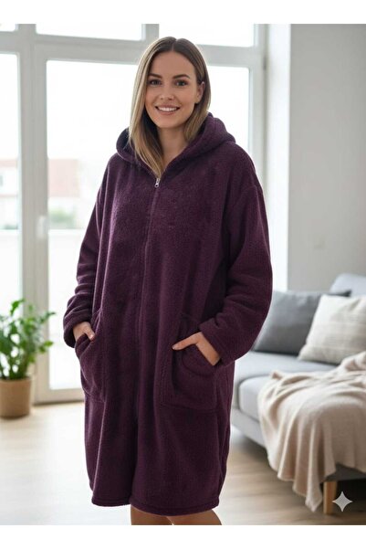 SUERTO MOR Wellsoft Peluş Kapüşonlu Unisex Sabahlık Önden Fermuarlı Sabahlık ...