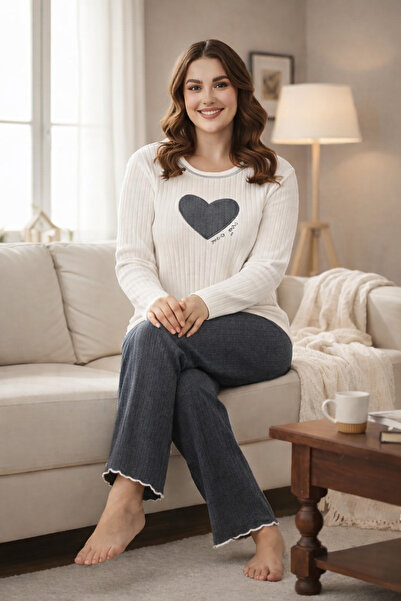 FORVENS Smoked Color Plus Size Embroidered Cotton Heart Detailed Pajama Set
