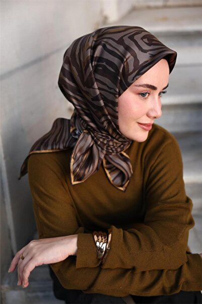 Silk Home Eșarfă din mătase twill verde gri-maro cu model geometric Tok Postu...